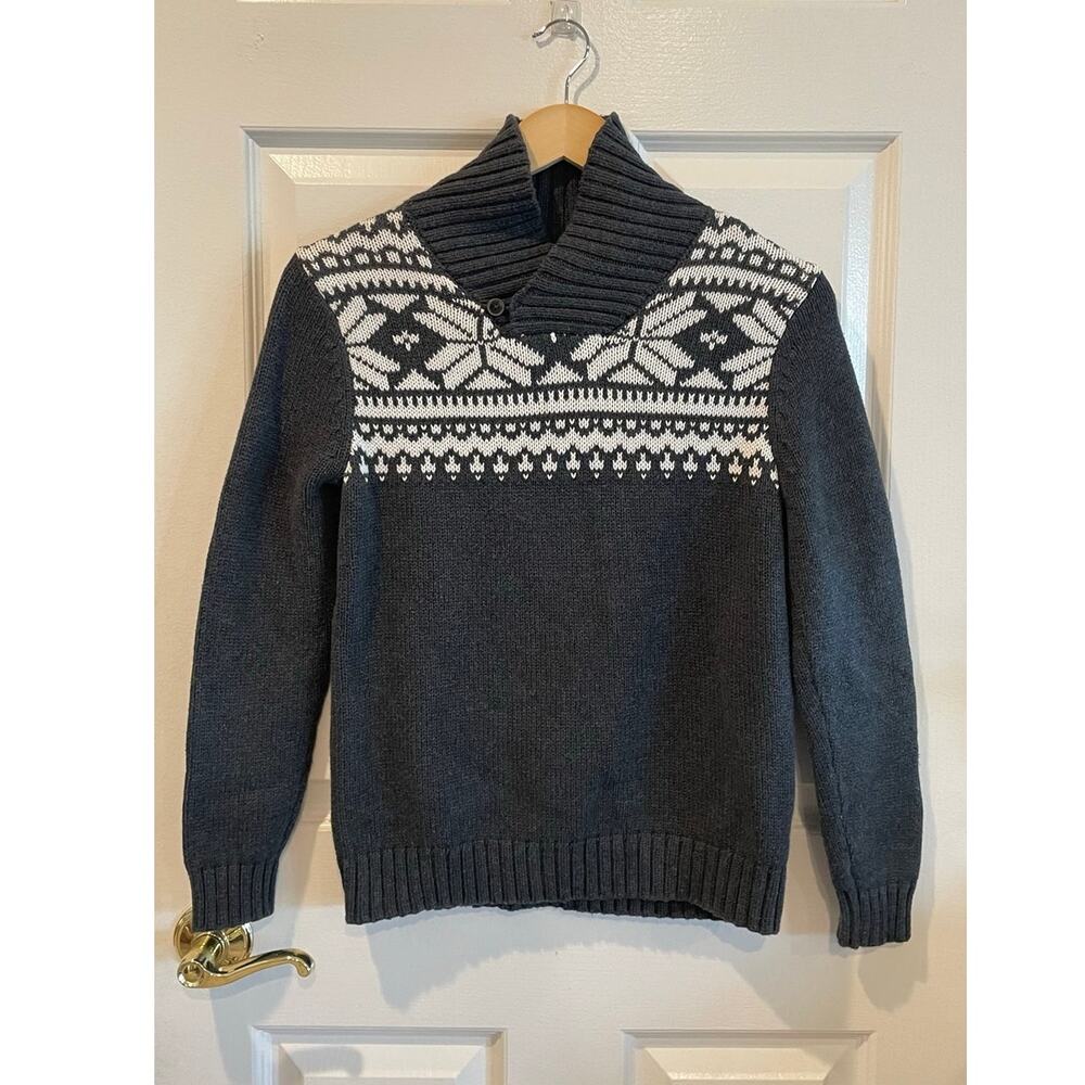 OshKosh B'gosh Boys Nordic Fair Isle Shawl Collar Sweater Gray White